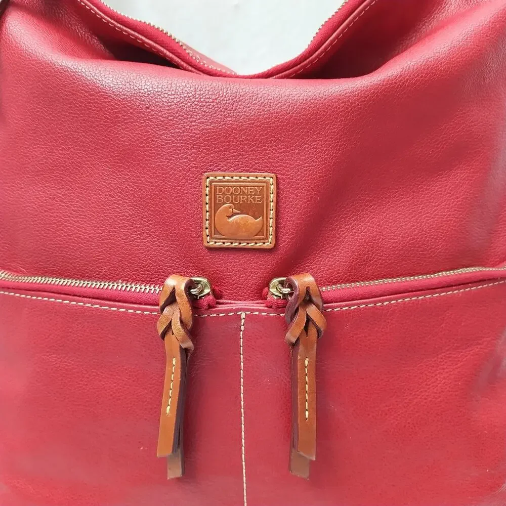 Dooney & Bourke Red Pebbled Leather Zipper Pockets Hobo Shoulder Bag